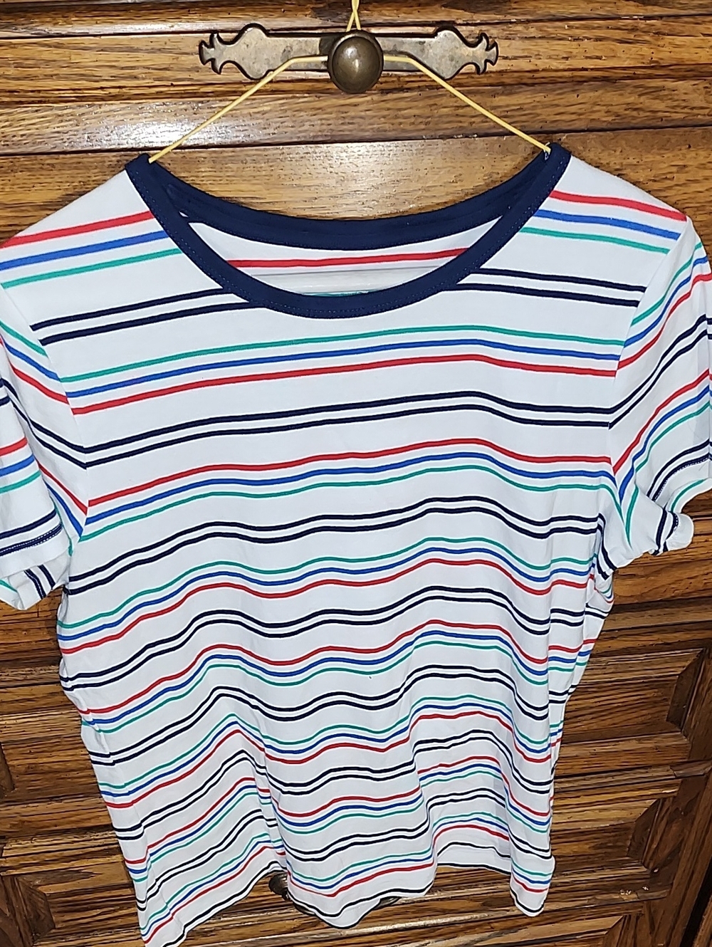 Lands' End White Crewneck Tee with Navy, Red & Teal Stripes